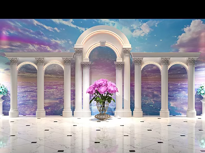 Beautiful Photo Spot With White Arched Columns Pink Flowers And Blue Sky Background 3d model