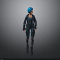 3D Rendered Female Character With Blue Hair Leather Jacket Tactical Pants And Boots
