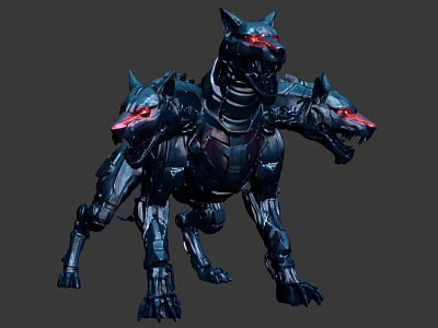 Mechanical Three Headed Wolf Creature With Red Eyes As Fantasy Game Character Design 3d model