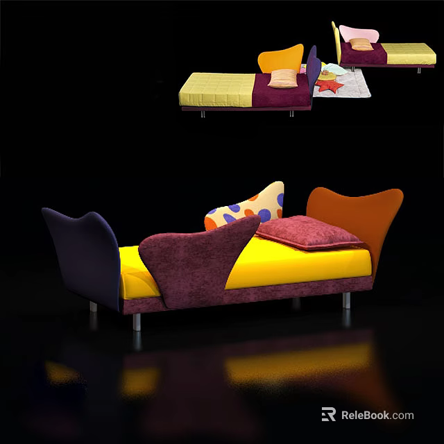 Colorful Kids Bed With Purple Orange Backrests Yellow Mattress And Polka Dot Pillow 3d model 