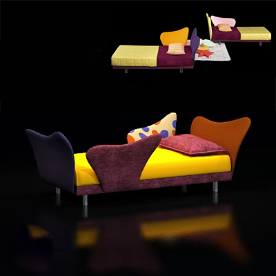 Colorful Kids Bed With Purple Orange Backrests Yellow Mattress And Polka Dot Pillow 3d model