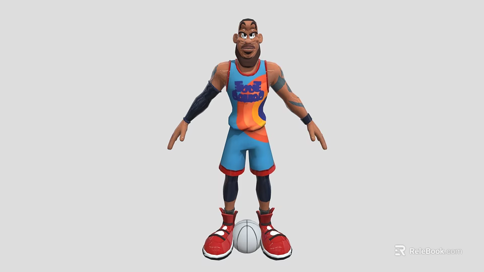 Animated Basketball Game Character In Blue Orange Jersey With Black Arm Sleeves And Red Shoes 3d model 
