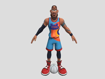 Animated Basketball Game Character In Blue Orange Jersey With Black Arm Sleeves And Red Shoes 3d model