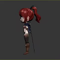 Game Movie Character with Red Hair Bow and Sword in Chibi Style