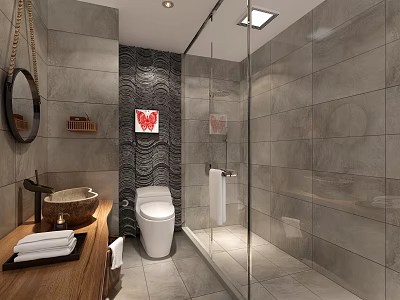 Modern Grey Tiled Bathroom Interior With Wooden Vanity Toilet And Clear Glass Shower Enclosure 3d model