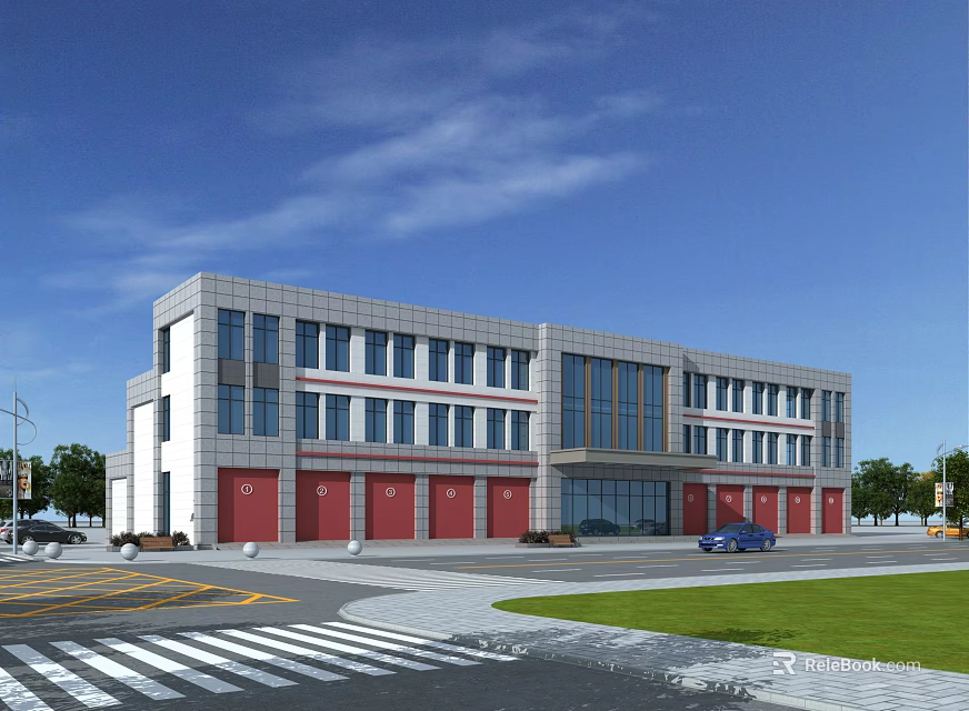Modern Fire Station Exterior With Red Garage Doors Lawn And Road Design 3d model 