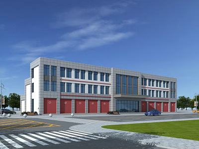 Modern Fire Station Exterior With Red Garage Doors Lawn And Road Design 3d model