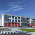 Modern Fire Station Exterior With Red Garage Doors Lawn And Road Design