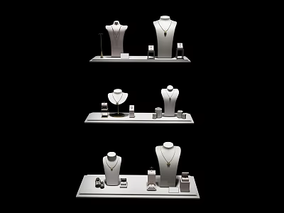 Jewelry Showcase On White Display Stands With Necklace Mannequins And Small Accessories 3d model