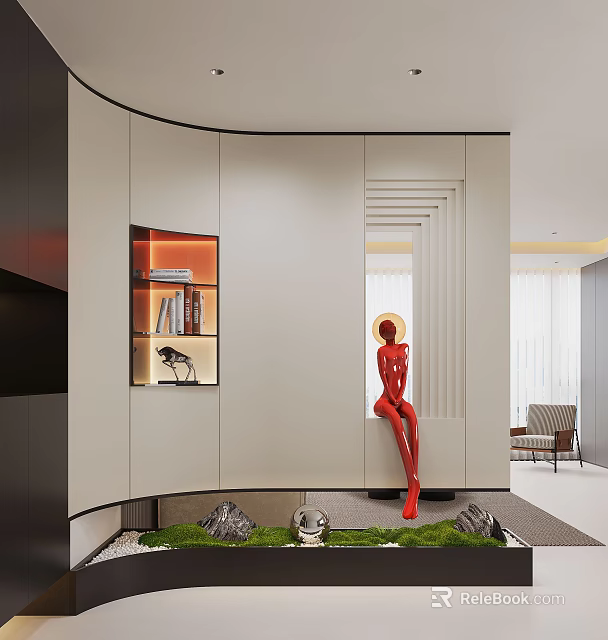 Modern Foyer Hallway Interior Design With Red Sculpture Lit Open Shelf And Decor 3d model 