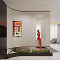 Modern Foyer Hallway Interior Design With Red Sculpture Lit Open Shelf And Decor