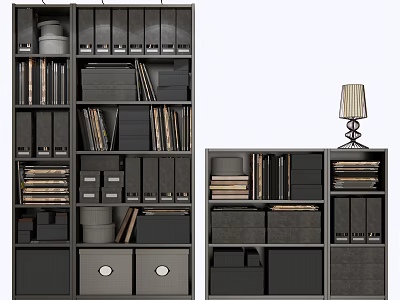 Modern Bookcase Design With Multiple Shelves Books Folders And Storage Boxes 3d model
