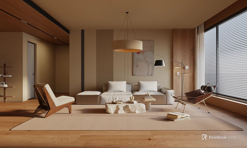 Modern Living Dining Room Interior With Sofa Lounge Chair Pendant Light And Wooden Floor 3d model 