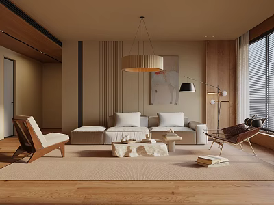 Modern Living Dining Room Interior With Sofa Lounge Chair Pendant Light And Wooden Floor 3d model