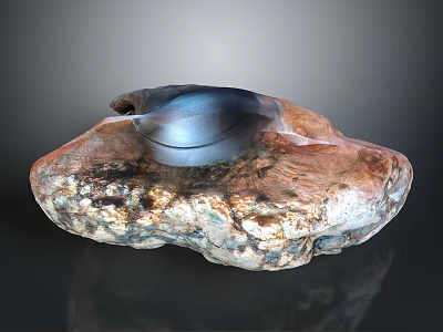 Natural Scenic View With Textured Rock And Metallic Bowl On Dark Background 3d model
