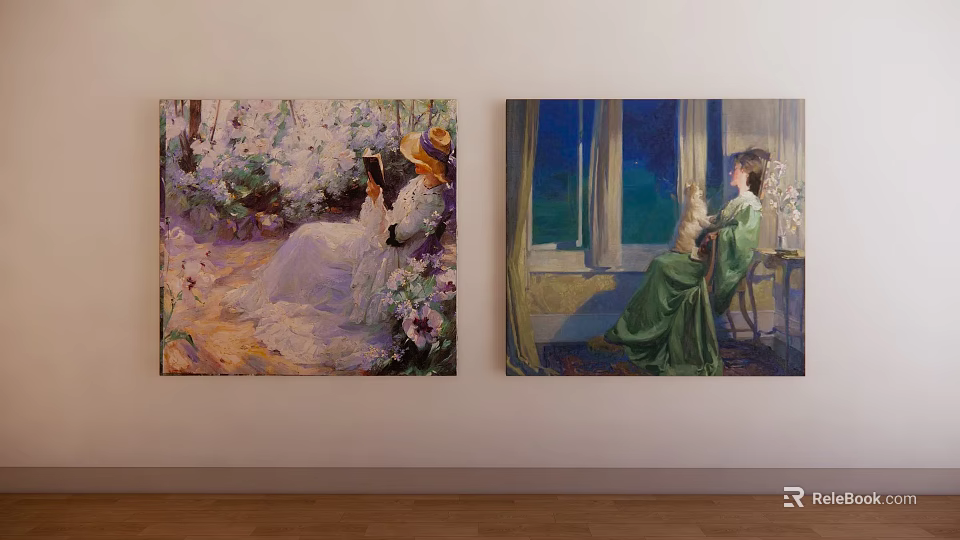 Classical Portrait Paintings Of Elegant Women In Indoor Scenes On Wall 3d model 