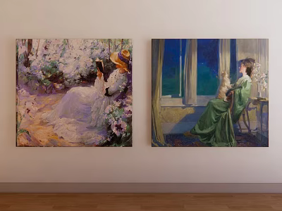 Classical Portrait Paintings Of Elegant Women In Indoor Scenes On Wall 3d model