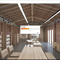 Cozy Indoor Space Featuring Wooden Ceiling Brick Walls Long Tables And Bookshelves