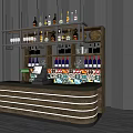 Stylish Wooden Reception Desk With Striped Design And Wine Bottles On Shelves