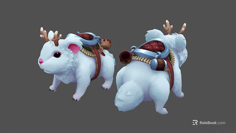 White Fantasy Antlered Creatures With Red Saddle And Brown Pouches Design 3d model 