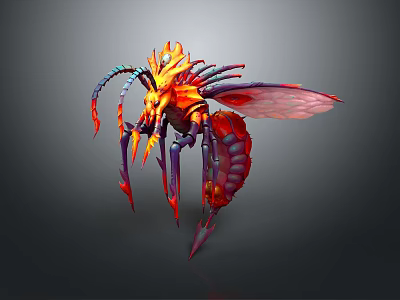 Fierce Fiery Fantasy Game Character with Red Yellow Wings Multiple Legs and Spiked Head 3d model