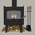 Black Cast Iron Fireplace With Burning Fire Firewood And Tools Set 3d model