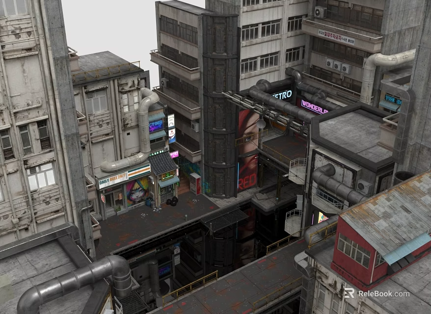 Cyberpunk Style Multi Level Buildings With Industrial Pipes Neon Signs And Mixed Material Roofs 3d model 