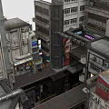 Cyberpunk Style Multi Level Buildings With Industrial Pipes Neon Signs And Mixed Material Roofs