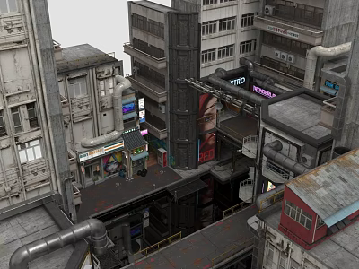 Cyberpunk Style Multi Level Buildings With Industrial Pipes Neon Signs And Mixed Material Roofs 3d model