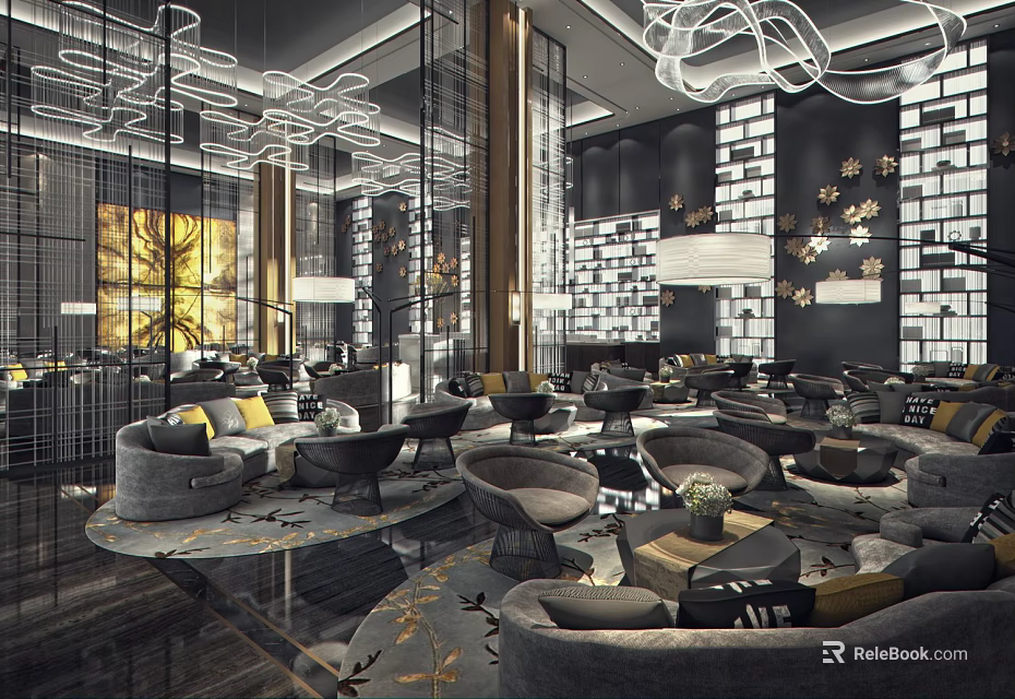 Modern Sales Office Interior With Comfortable Seating Elegant Chandeliers Decorative Walls And Reception Area 3d model 
