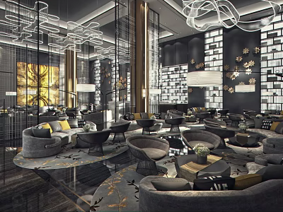 Modern Sales Office Interior With Comfortable Seating Elegant Chandeliers Decorative Walls And Reception Area 3d model