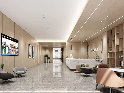 Modern Hotel Lobby Interior With Reception Desk Sofa Seats And Marble Flooring 3d model