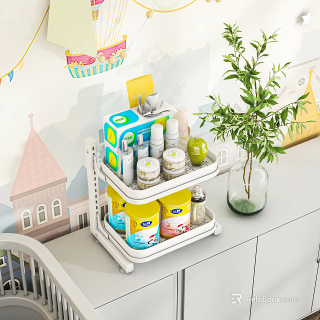 Double Layer Storage Shelf With Jars Bottles And Green Plant In Kids Room 3d model 