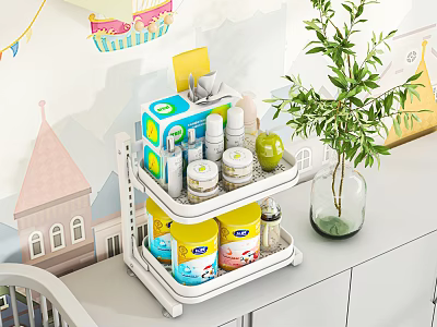 Double Layer Storage Shelf With Jars Bottles And Green Plant In Kids Room 3d model