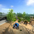 Scenic Park Landscape With Children's Playground Slide Wooden Climbing Frame Sandpit Colorful Blocks And Trees