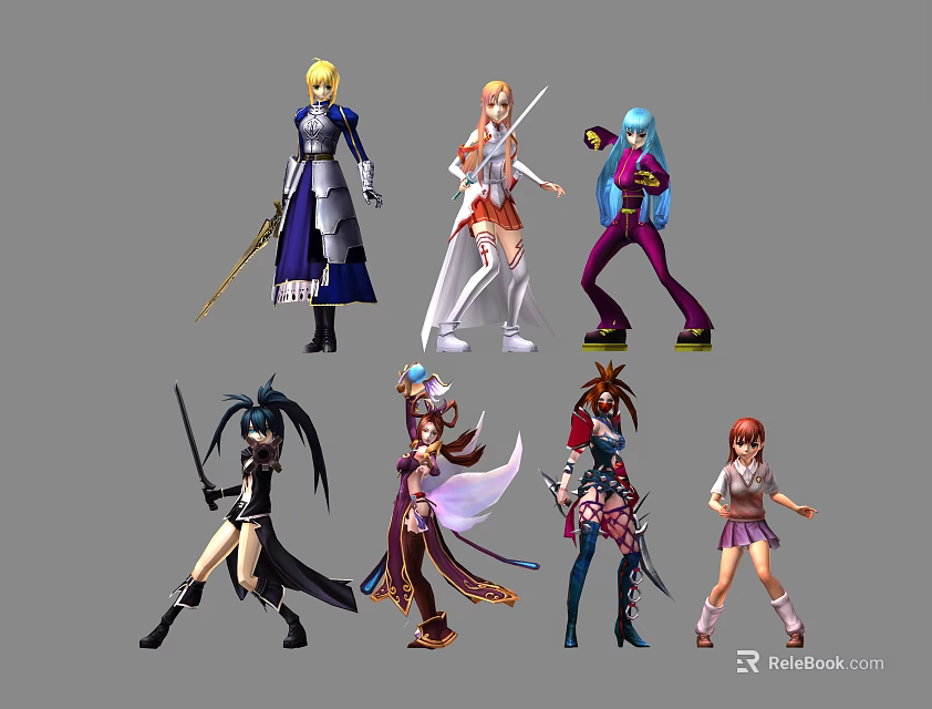 Game and Movie Characters with Various Costumes Weapons and Distinct Hairstyles 3d model 