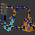 Colorful Blue And Orange Checkered Water Slide Structure With Slide Tracks And Funnel Shape