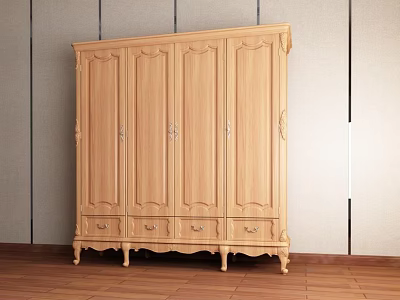 Classic Wooden Wardrobe With Carved Details Multiple Doors And Drawers On Wooden Floor 3d model