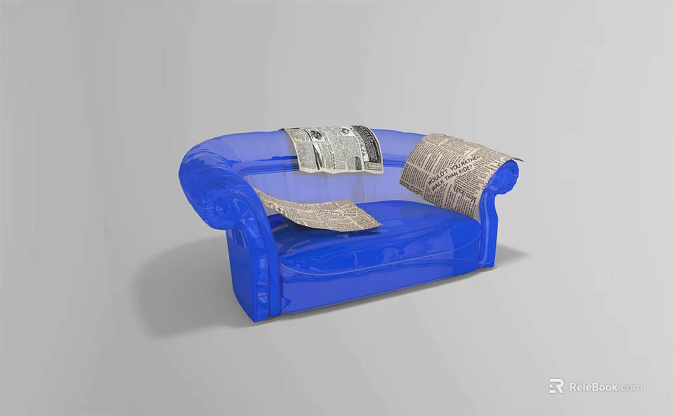 Modern Blue Sectional Sofa With Newspapers On Plush Comfortable Seats 3d model