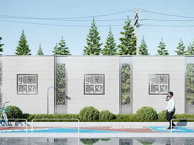 Outdoor White Feature Wall With Decorative Frames Black Patterns Green Shrubs And Pine Trees 3d model