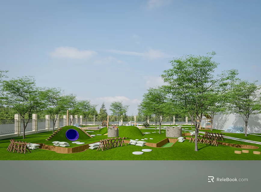 School Campus Outdoor Green Space With Trees Circular Structures Blue Installation And Seating Areas 3d model