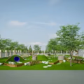 School Campus Outdoor Green Space With Trees Circular Structures Blue Installation And Seating Areas 3d model