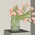 Pink Tulips in Transparent Glass Vase on White Pedestal with Light Shadow