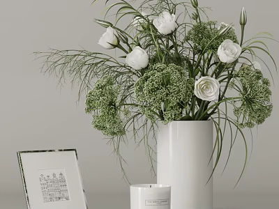 White Vase With White Flowers And Green Foliage Near Photo Frame And Candle 3d model