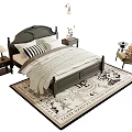 Double Bed With Carved Headboard Striped Pillows Bedding Nightstands Table Lamps Area Rug Pendant Lights