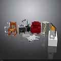 Office Workspace Setup With Wooden Chair Red Armchair Filing Cabinet Desk Lamp Printer And Papers
