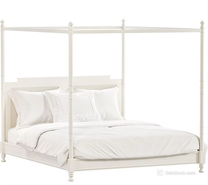 White Four Poster Double Bed With Simple Headboard And White Bedding 3d model 