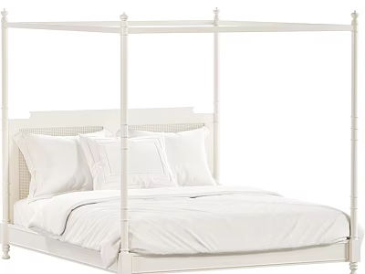 White Four Poster Double Bed With Simple Headboard And White Bedding 3d model