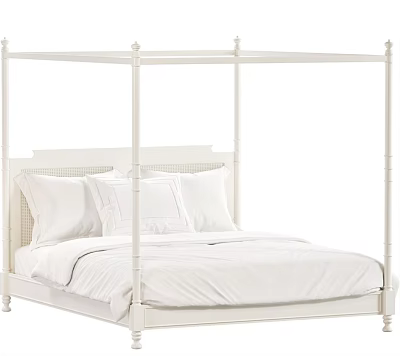 White Four Poster Double Bed With Simple Headboard And White Bedding 3d model