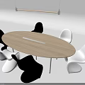 Modern Oval Conference Table With Light Wood Surface And Black White Chairs In Office